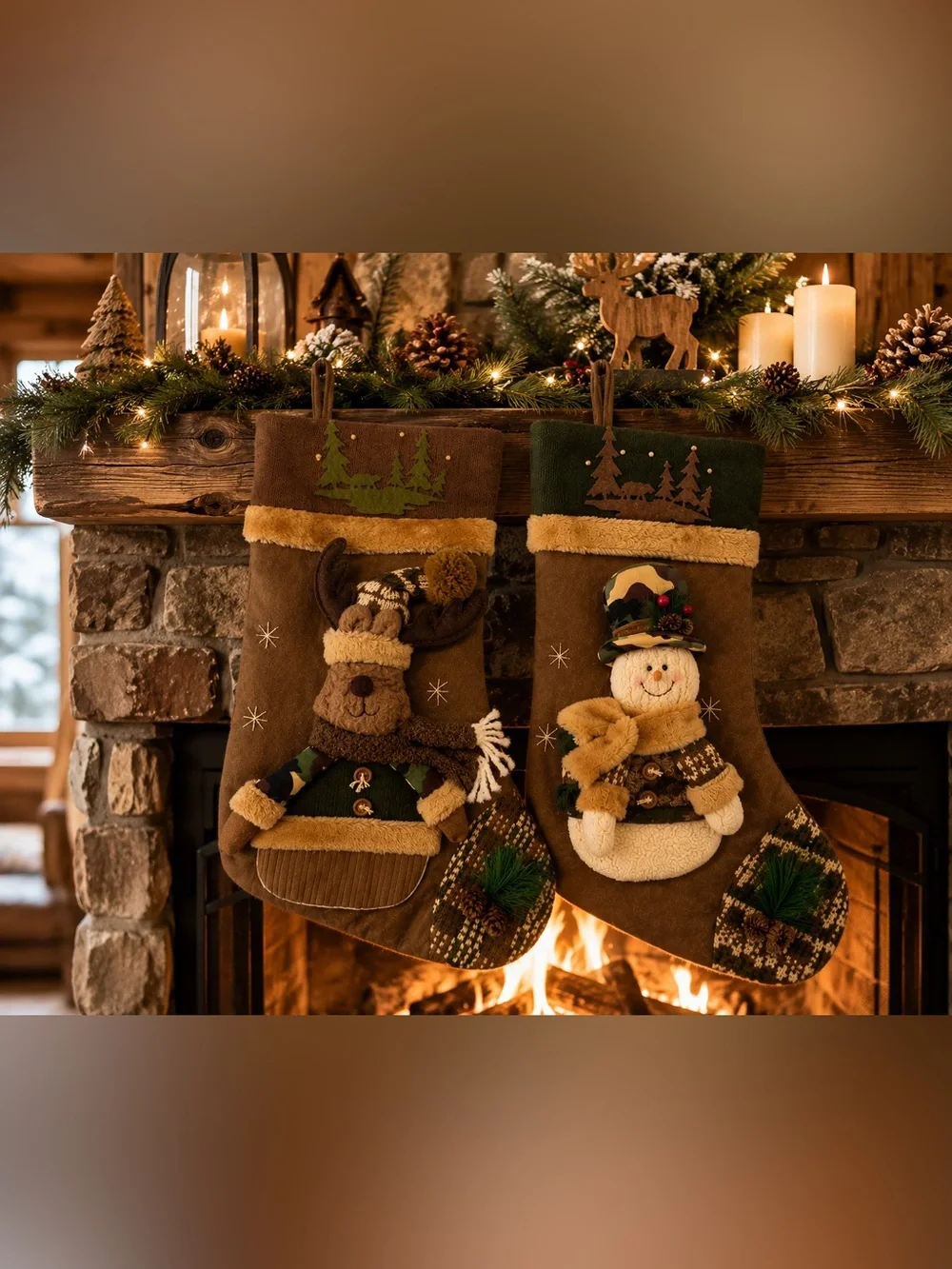 Handmade Rustic Artisan Christmas Stocking Set 2 Woodland Moose & Snowman Luxury